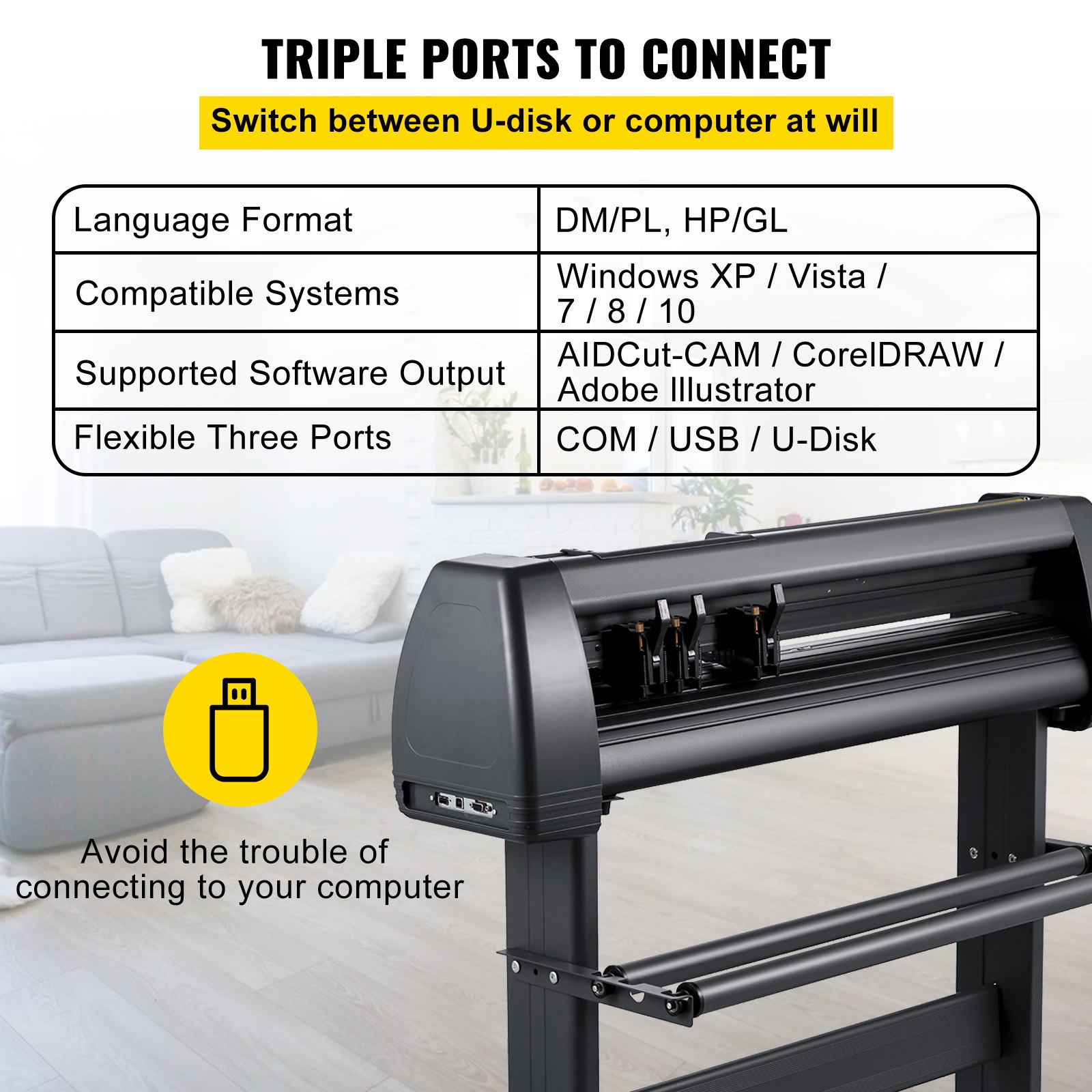 VEVOR Line Free Vinyl Cutter Machine 870mm Vinyl Printer U-Disk Offline Operation, 34 inch Plotter Printer with Sturdy Floor Stand Vinyl Cutting Machine Adjustable Force Plotter Cutter