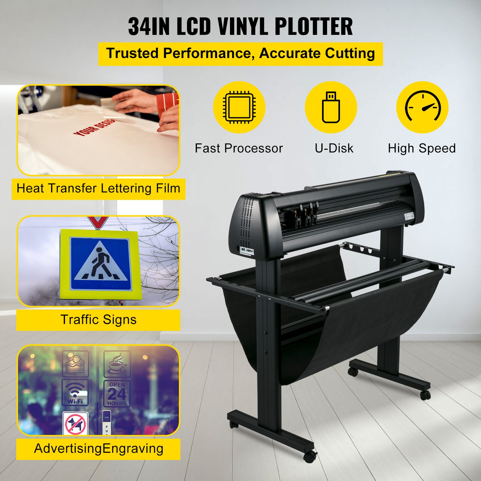 VEVOR Vinyl Cutter Machine 870mm Vinyl Printer, 34 inch Plotter Printer U-disk Offline with Accessories & Floor Stand Vinyl Cutting Machine Adjustable Force and Speed for Sign Making Plotter Cutter