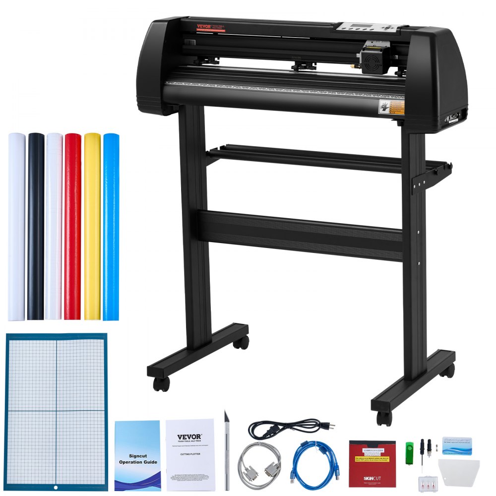 VEVOR vinyl cutter machine with stand, vinyl rolls, cables, and accessories.