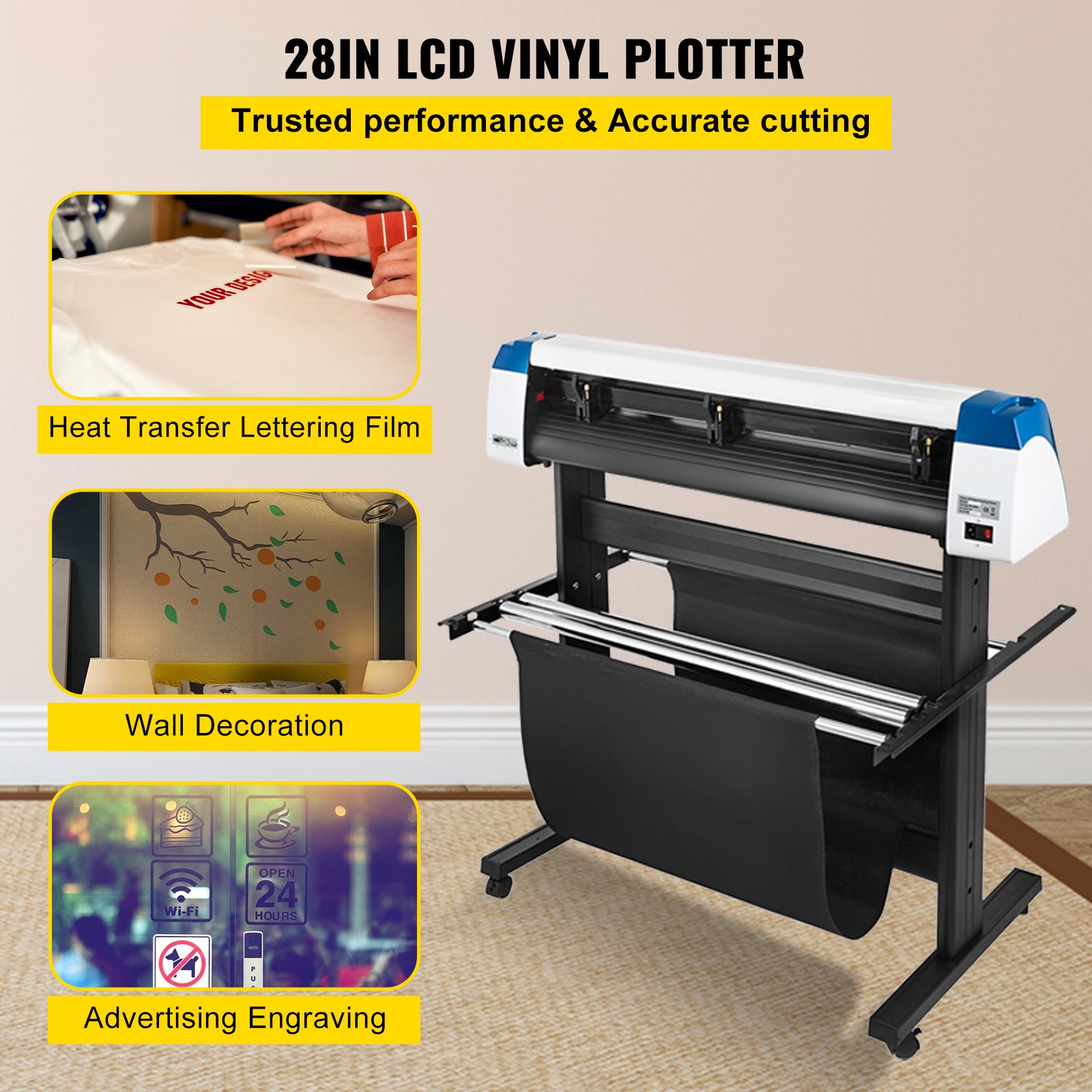 Cortadora de vinilo VEVOR Máquina cortadora de vinilo de 28 pulgadas Máquina cortadora de impresora de vinilo de 720 mm Máquina cortadora de trazador de vinilo con tira de luz de relleno LED con soporte de piso Software Signmaster