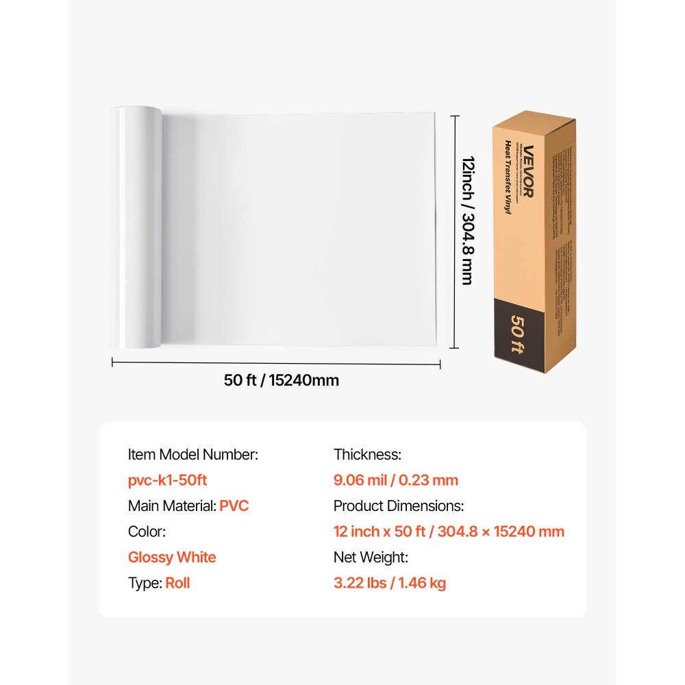 VEVOR Heat Transfer Vinyl, 304.8 x 15240mm, Glossy White HTV Iron on Vinyl Roll, Easy to Cut and Weed, Strong Adhesion, Compatible with Cutting Machines, for Various Materials, T-shirts, Pillows, Hats