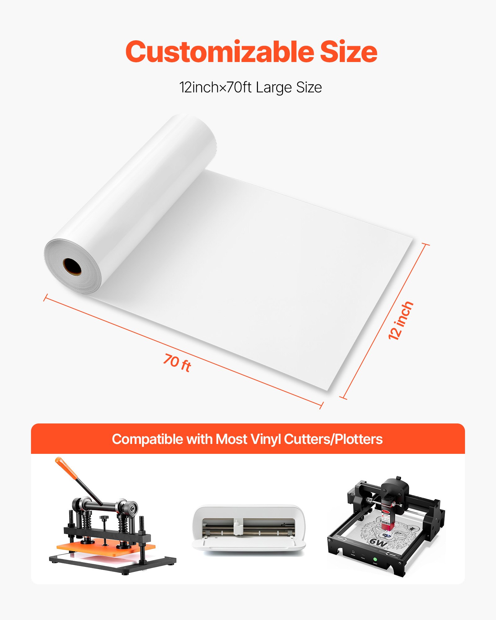 VEVOR Heat Transfer Vinyl, 304.8 x 21336mm, Glossy White HTV Iron on Vinyl Roll, Easy to Cut and Weed, Strong Adhesion, Compatible with Cutting Machines, for Various Materials, T-shirts, Pillows, Hats