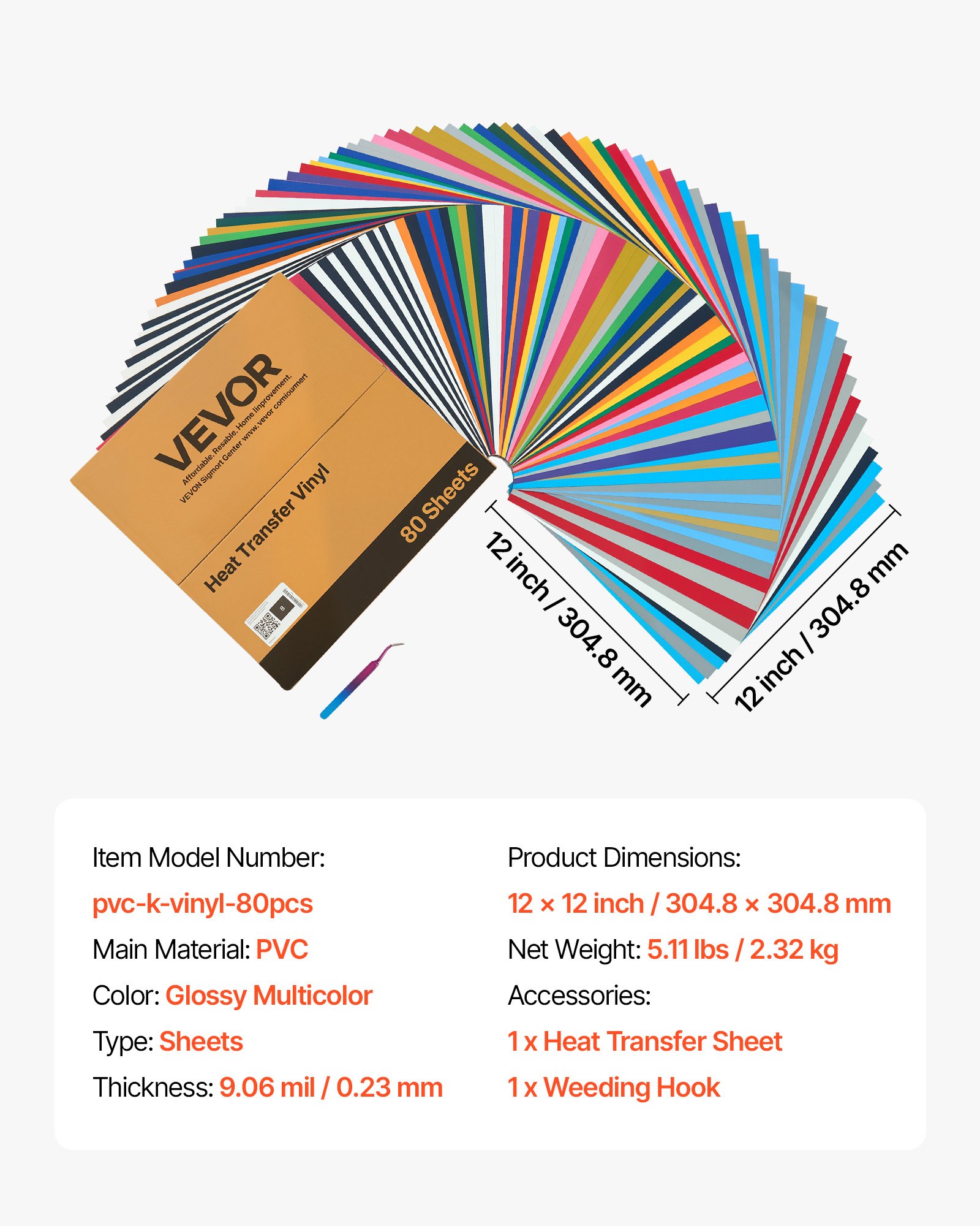 VEVOR Heat Transfer Vinyl, 80 Pack, 304.8 x 304.8mm, Assorted Colors HTV Iron on Vinyl Bundle, Easy to Cut and Weed, with Accessories, Compatible with Cutting Machines, for Various Materials, T-shirts