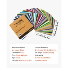 VEVOR Heat Transfer Vinyl HTV Iron on Vinyl Bundle 50 Pack 12 x 12 in Multicolor