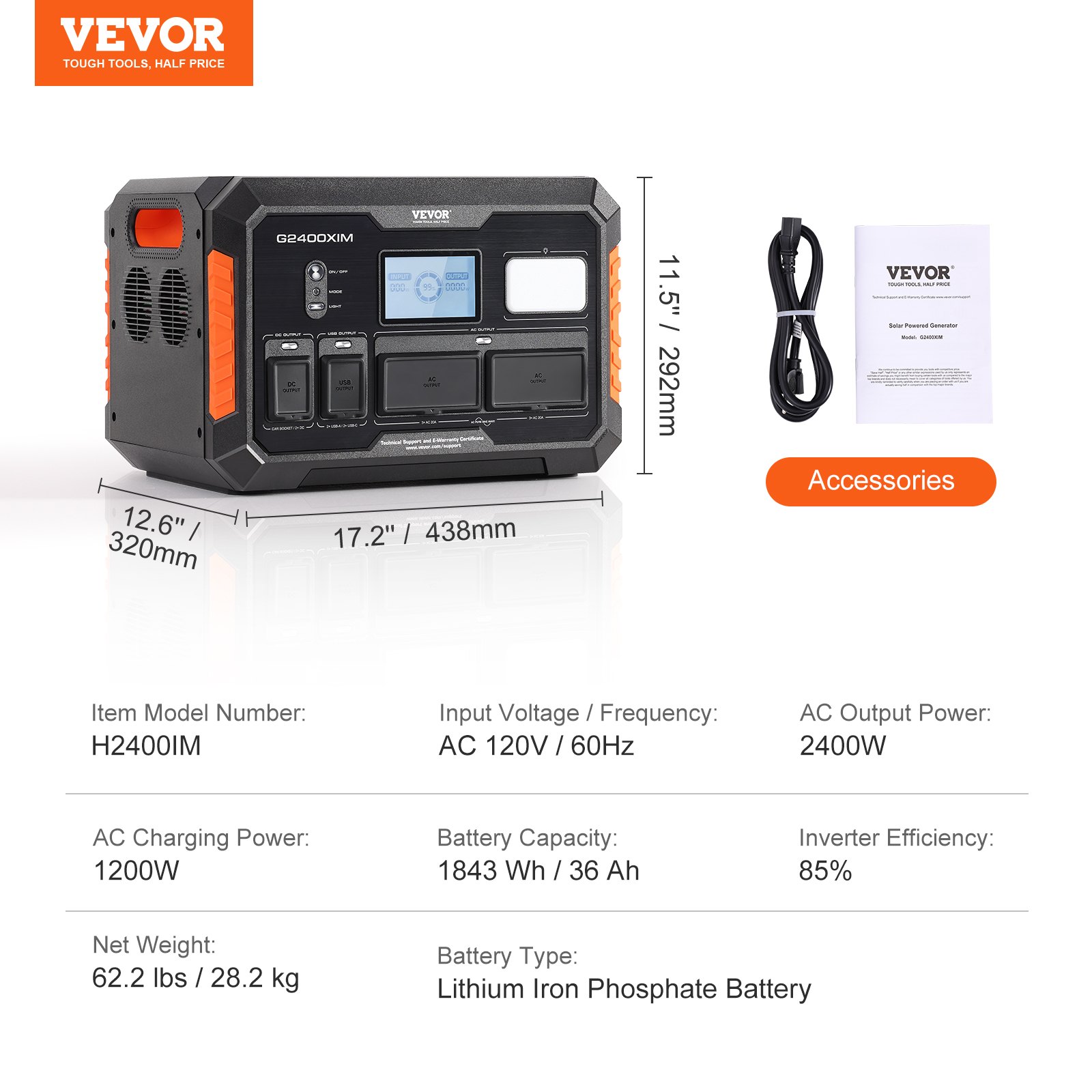 Estación de energía portátil VEVOR g2400xim, salida de 2400w, carga de 1200w, 1843wh, batería de litio-hierro, accesorios.