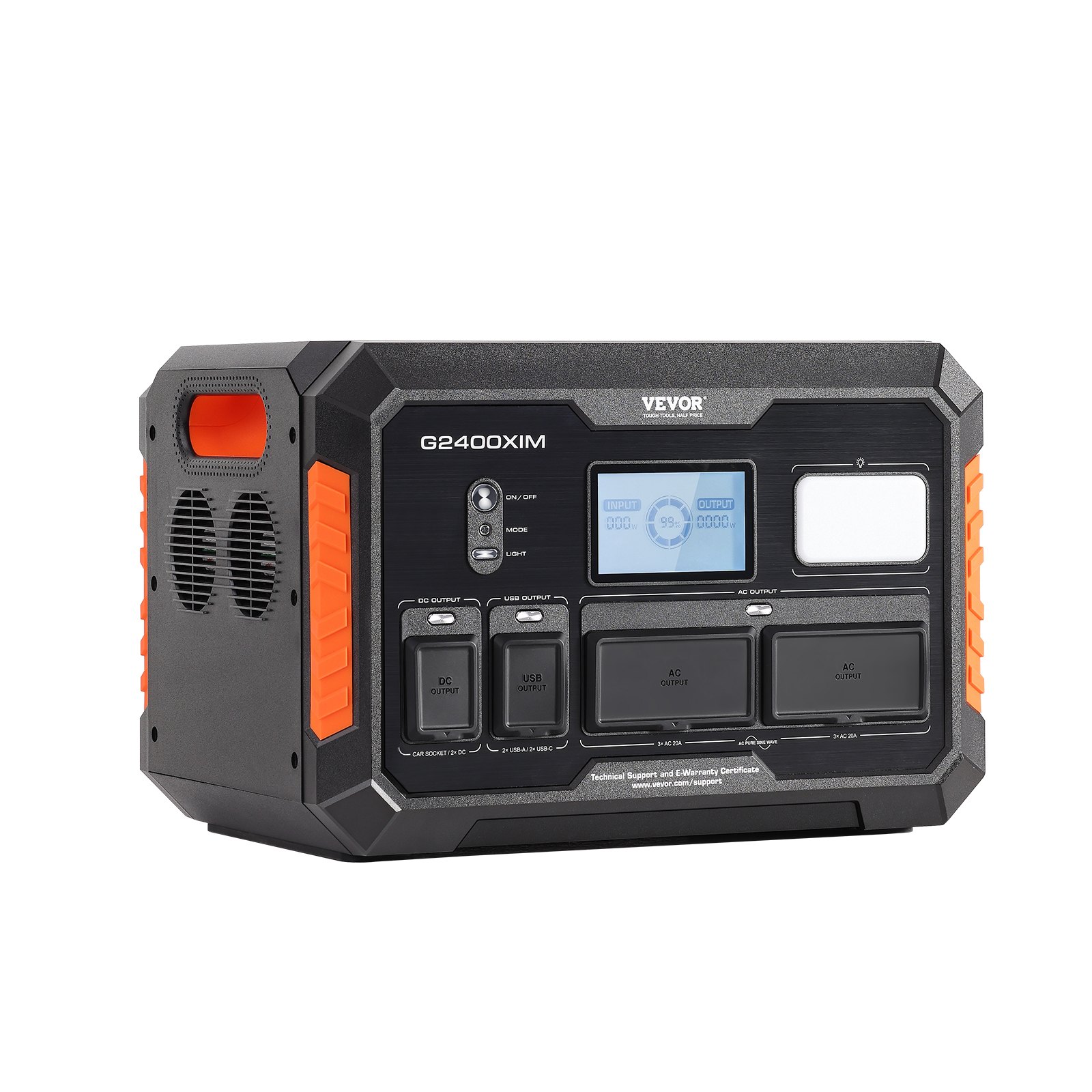 generador portátil VEVOR g2400xim negro y naranja con múltiples salidas y pantalla lcd.