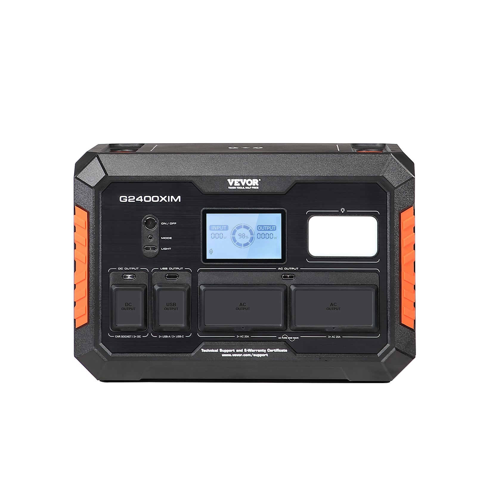 Estación de energía portátil VEVOR g2400xim, dispositivo negro con múltiples puertos de salida y una pantalla LCD.