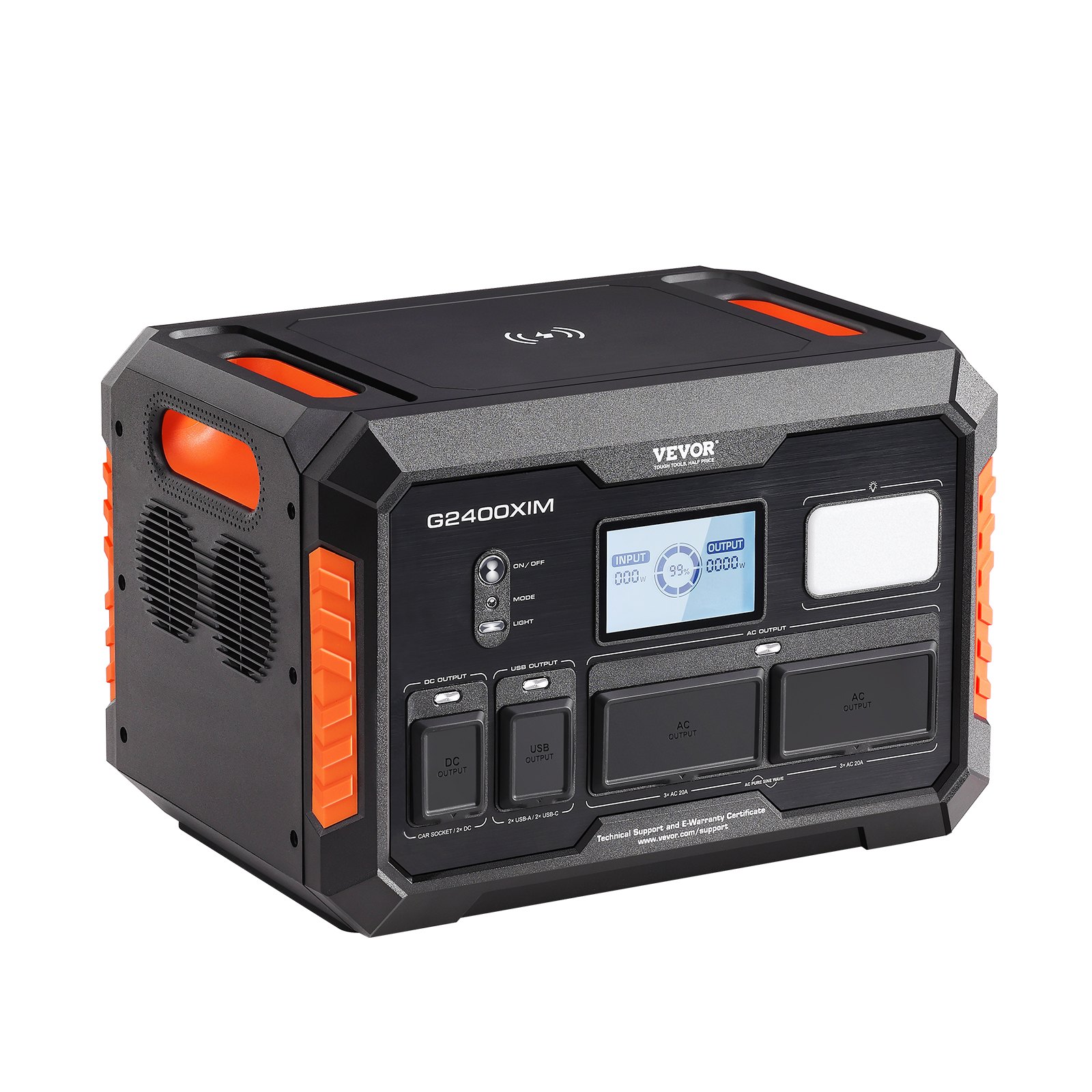 Estación de energía portátil VEVOR g2400xim con pantalla LCD, asas naranjas y múltiples puertos de salida.