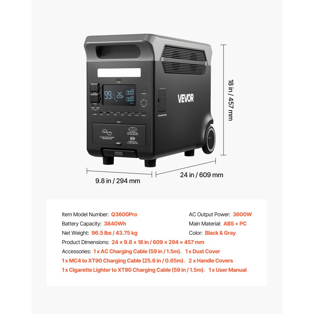 VEVOR Portable Power Station, 3600W 3840Wh Power Station Solar Generator with 10 Output Ports & Adjustable Input Power, Expandable LiFePO4 Battery Backup for Home Camping RV (Solar Panel NOT Included)