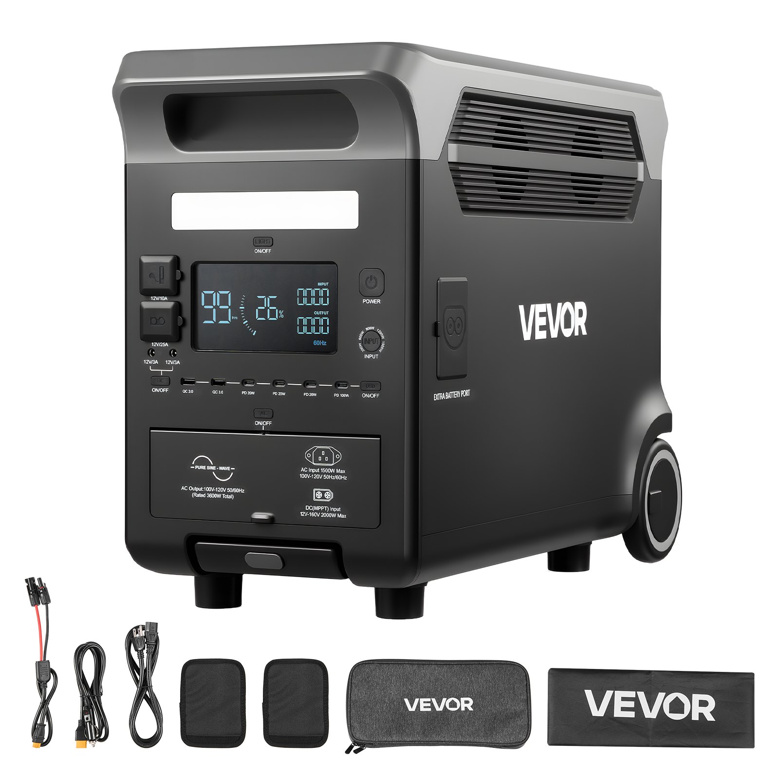 VEVOR Portable Power Station, 3600W 3840Wh Power Station Solar Generator with 10 Output Ports & Adjustable Input Power, Expandable LiFePO4 Battery Backup for Home Camping RV (Solar Panel NOT Included)