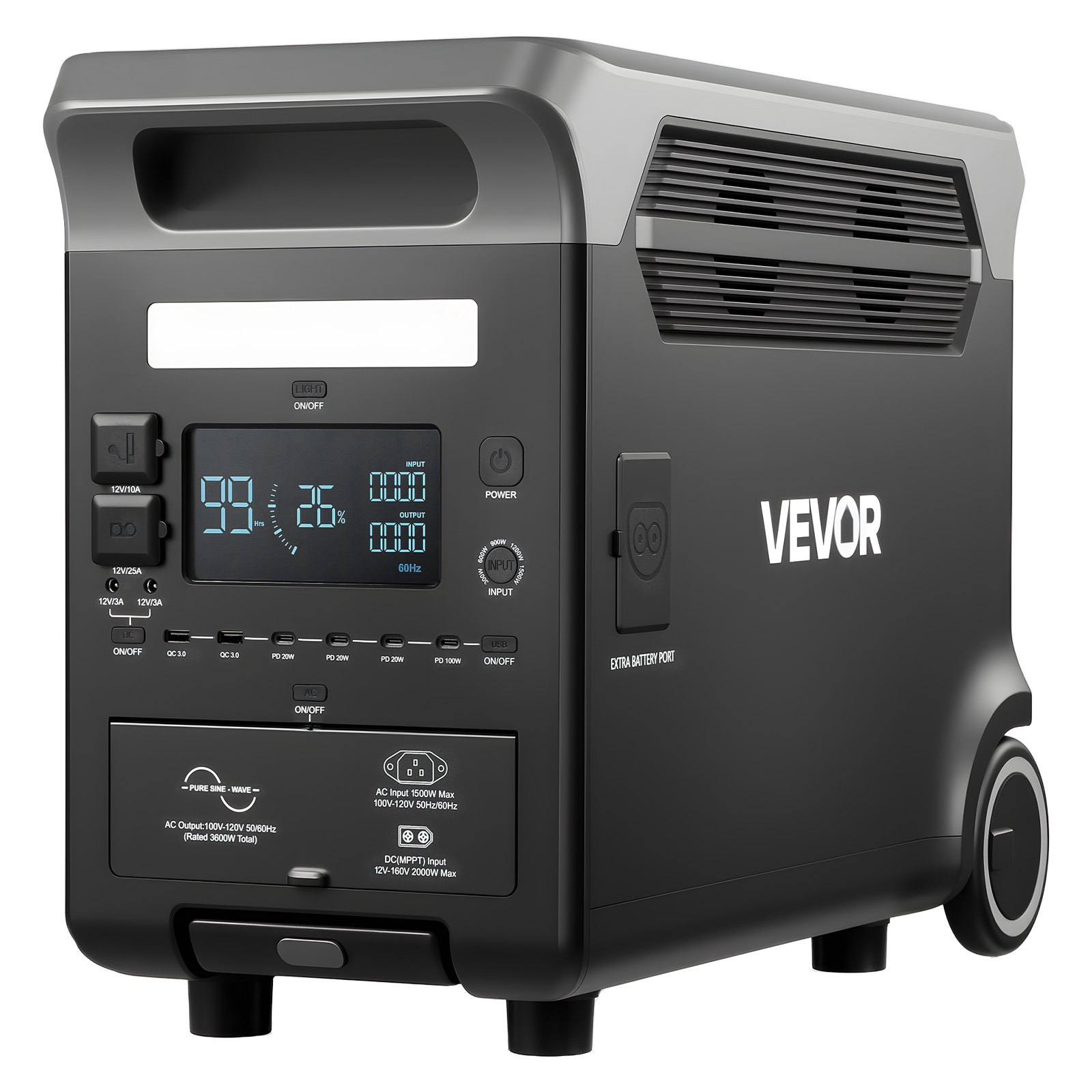 VEVOR Portable Power Station, 3600W 3840Wh Power Station Solar Generator with 10 Output Ports & Adjustable Input Power, Expandable LiFePO4 Battery Backup for Home Camping RV (Solar Panel NOT Included)