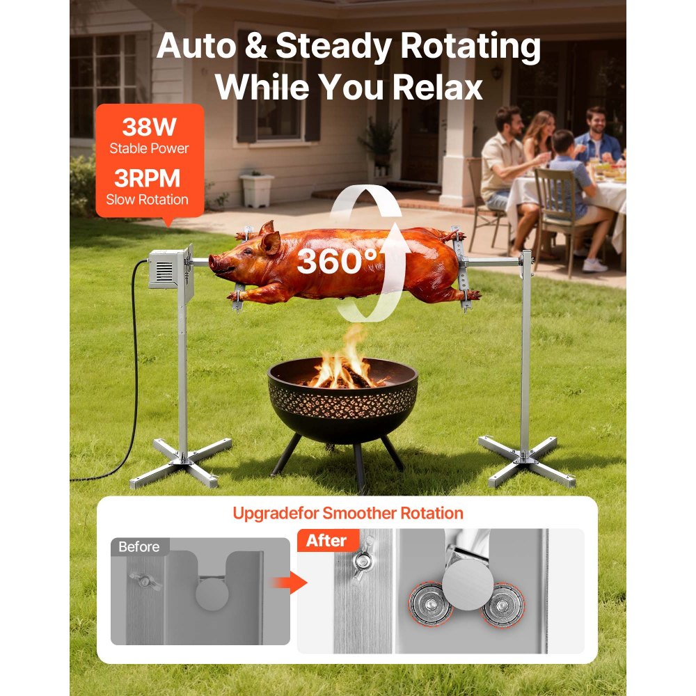 VEVOR Rotisserie Grill, AC220-240V 8 Level Height Electric Rotisserie Grill Kit, BBQ Grills Rotisseries Kit with 88 lbs Load Capacity, 38W Motor, Stainless Steel Automatic Grilling Kits for Parties