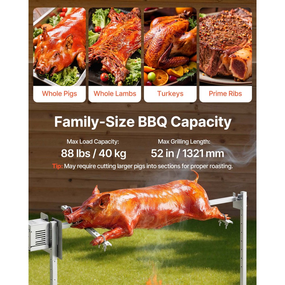 VEVOR Rotisserie Grill, AC220-240V 8 Level Height Electric Rotisserie Grill Kit, BBQ Grills Rotisseries Kit with 88 lbs Load Capacity, 38W Motor, Stainless Steel Automatic Grilling Kits for Parties