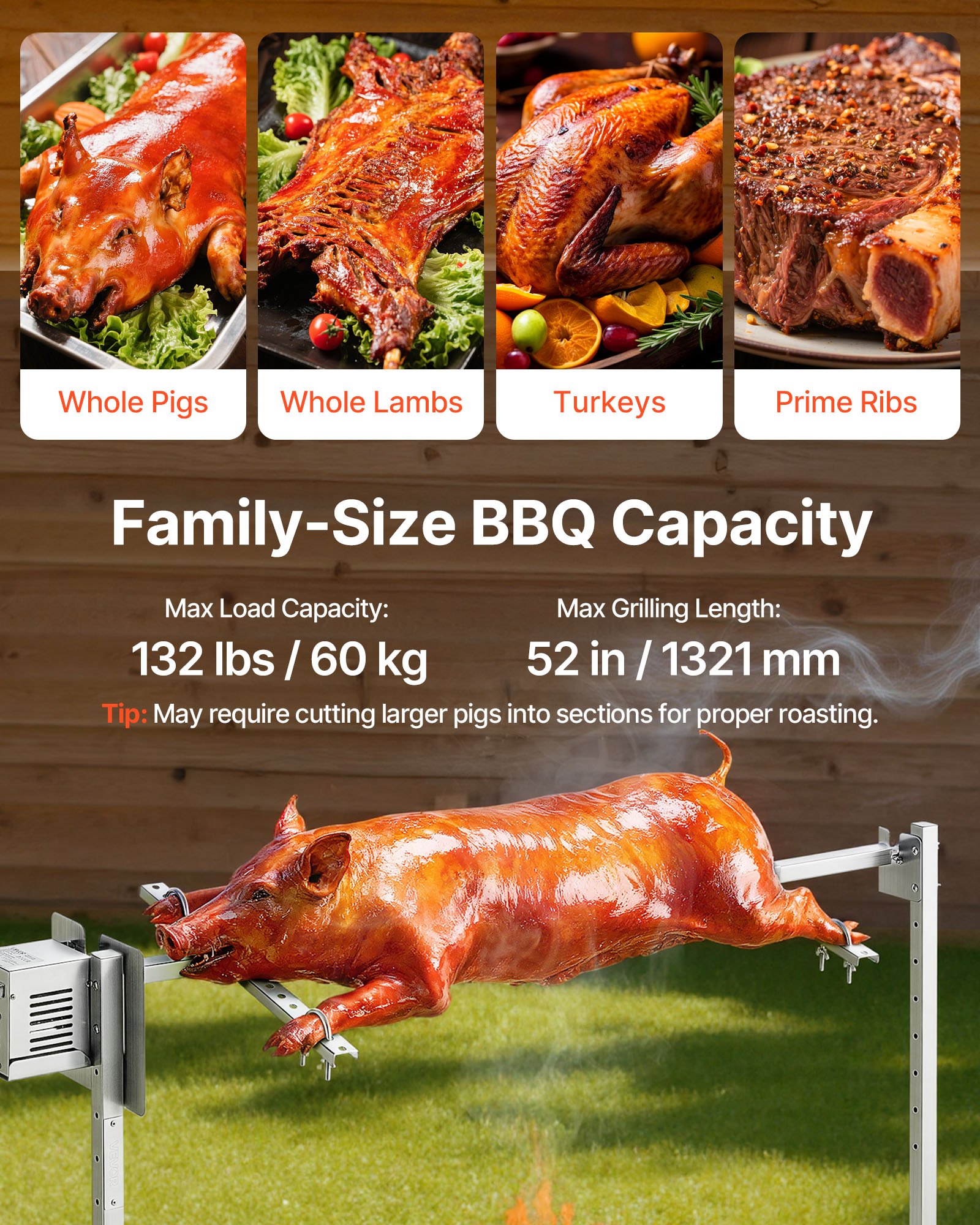 VEVOR Rotisserie Grill, AC220-240V 8 Level Height Electric Rotisserie Grill Kit, BBQ Grills Rotisseries Kit with 60 kg Load Capacity, 38W Motor, Stainless Steel Automatic Grilling Kits for Parties