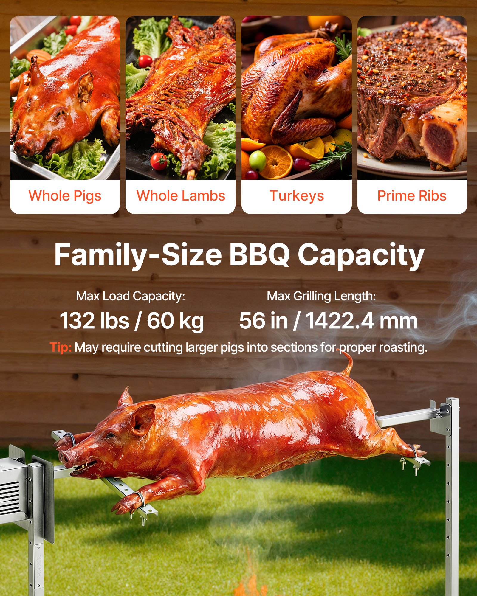 VEVOR Rotisserie Grill, AC220-240V 8 Level Height Electric Rotisserie Grill Kit, BBQ Grills Rotisseries Kit with 60 kg Load Capacity, 38W Motor, Stainless Steel Automatic Grilling Kits for Parties