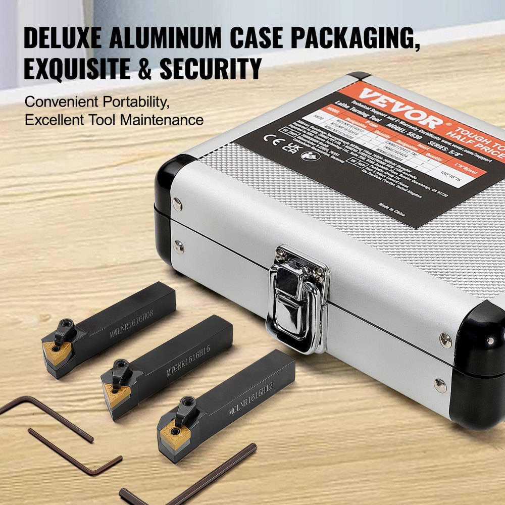 VEVOR lathe tool holder set with aluminum case, three lathe tools, and hex keys on a wooden surface.