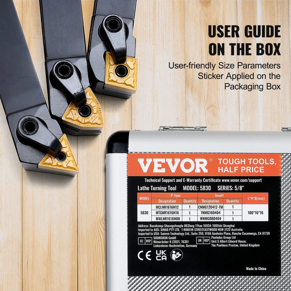 VEVOR lathe tool holder set with carbide tips and user guide on a wooden background.