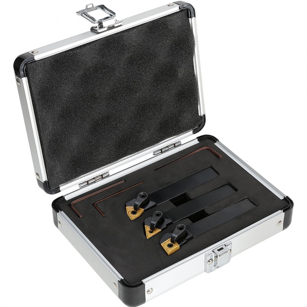 VEVOR lathe tool holder set in open metal case with foam padding and secure latches.