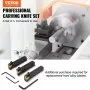 VEVOR lathe tool holder set with three carving knives, hex keys, and precision lathe in use.