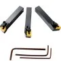three VEVOR lathe tool holders with carbide inserts and three hex keys arranged on a white background.