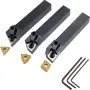 three VEVOR lathe tool holders with carbide inserts and hex keys on a white background.