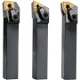 three VEVOR lathe tool holders with gold triangular carbide inserts on a white background.