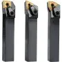 three VEVOR lathe tool holders with gold triangular carbide inserts on a white background.