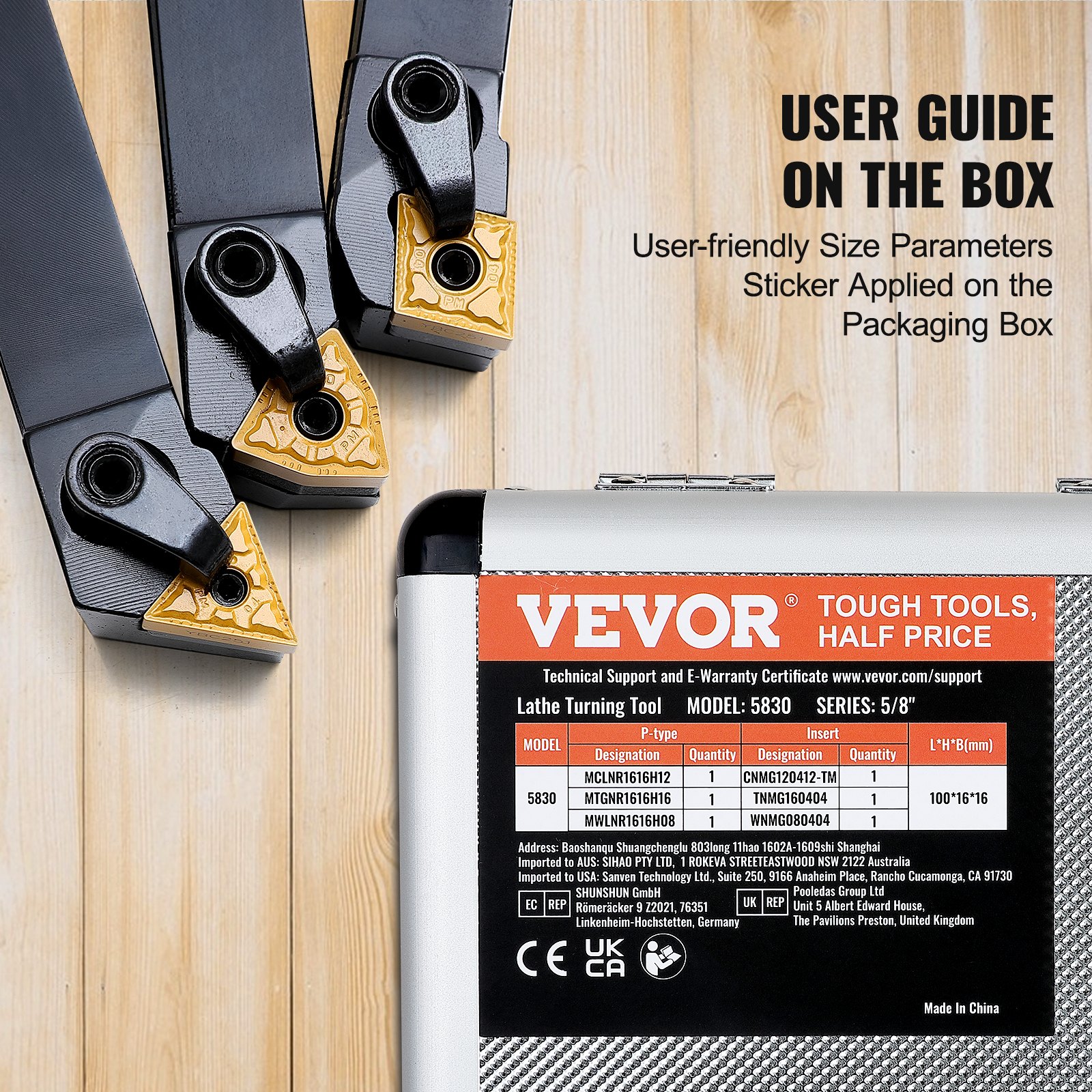 VEVOR lathe tool holder set with carbide tips and user guide on a wooden background.