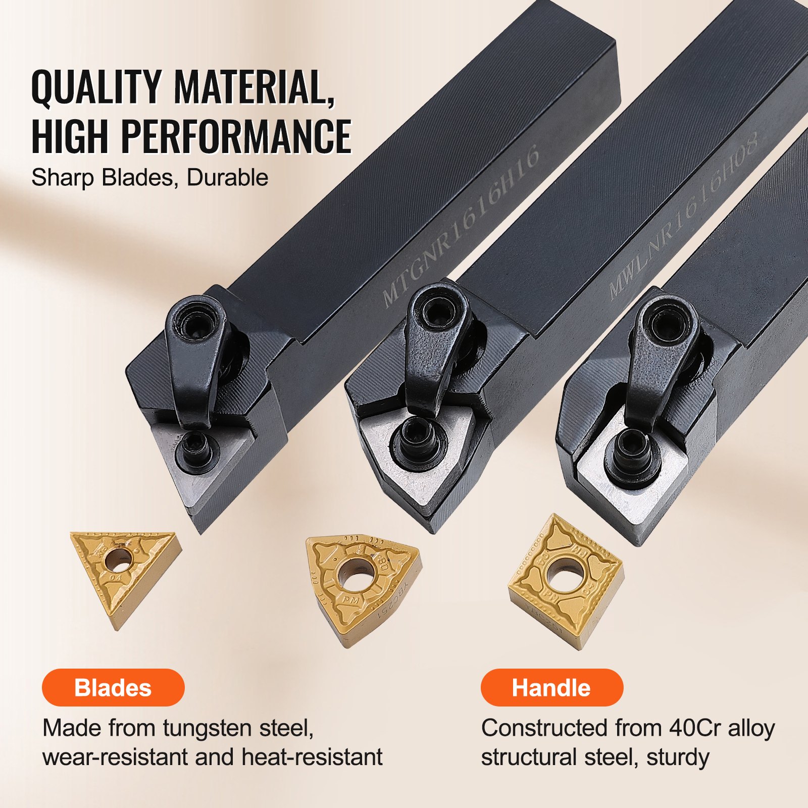 VEVOR lathe tool holder, durable tungsten steel blades and sturdy 40cr alloy handles, high performance.