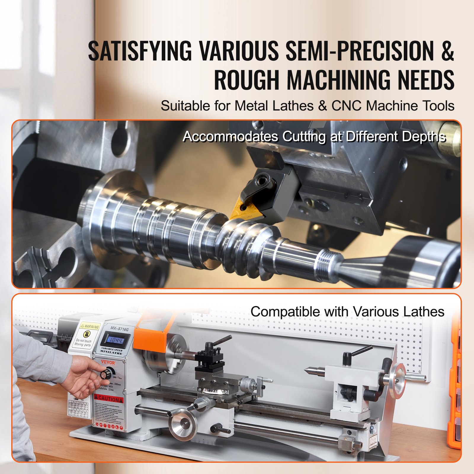 VEVOR lathe tool holder for cnc and metal lathes, showcasing precision cutting and compatibility features.