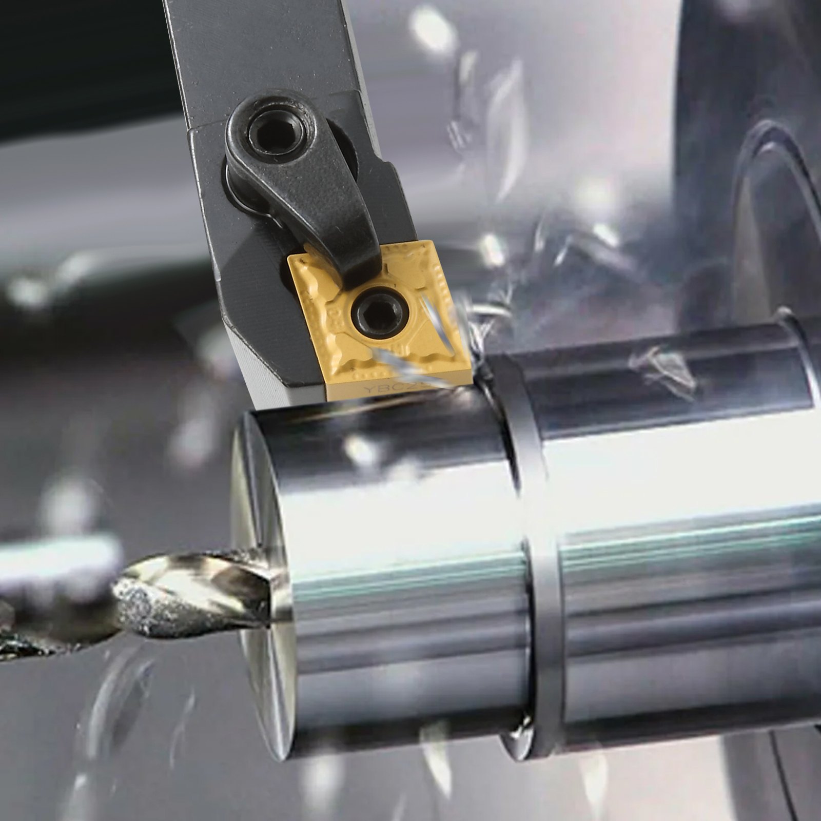 VEVOR lathe tool holder with carbide insert cutting a polished metal cylinder, creating metallic shavings.