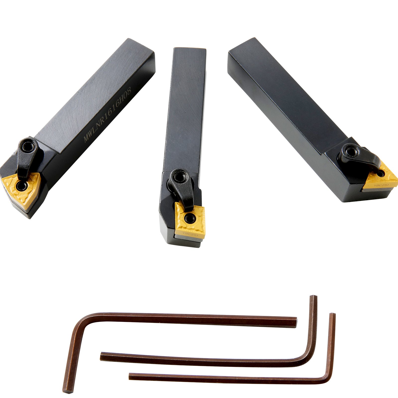 three VEVOR lathe tool holders with carbide inserts and three hex keys arranged on a white background.