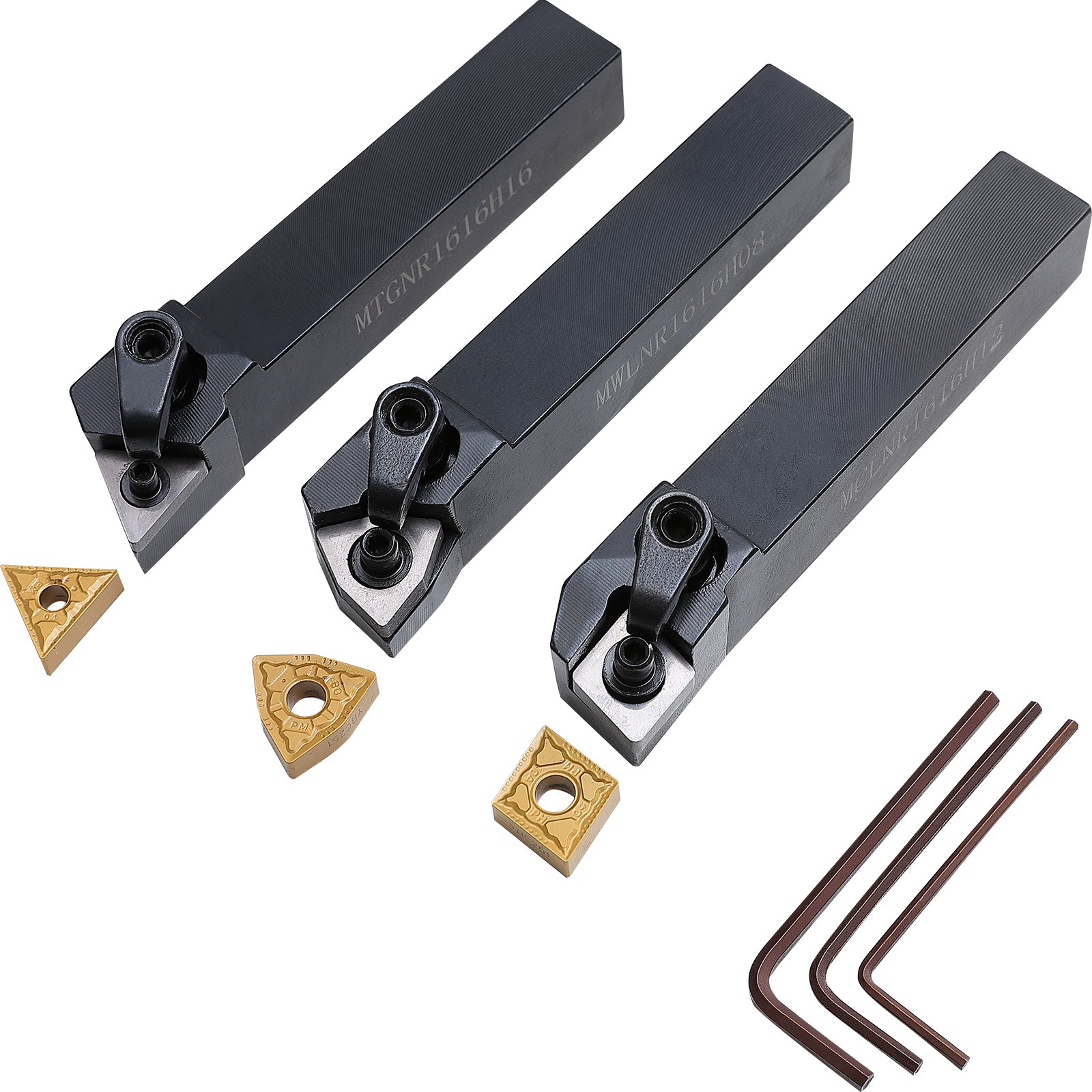 three VEVOR lathe tool holders with carbide inserts and hex keys on a white background.