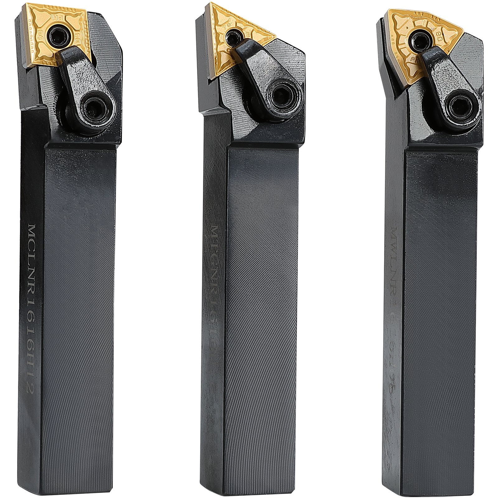 three VEVOR lathe tool holders with gold triangular carbide inserts on a white background.