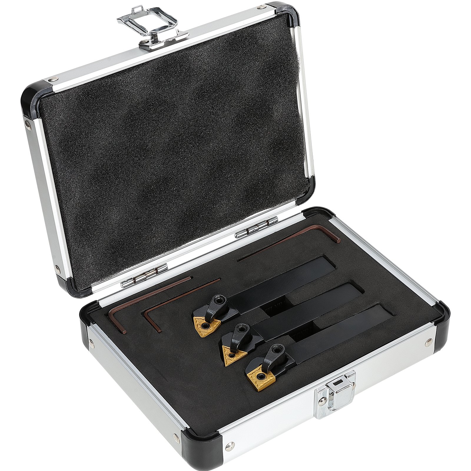 VEVOR lathe tool holder set in open metal case with foam padding and secure latches.