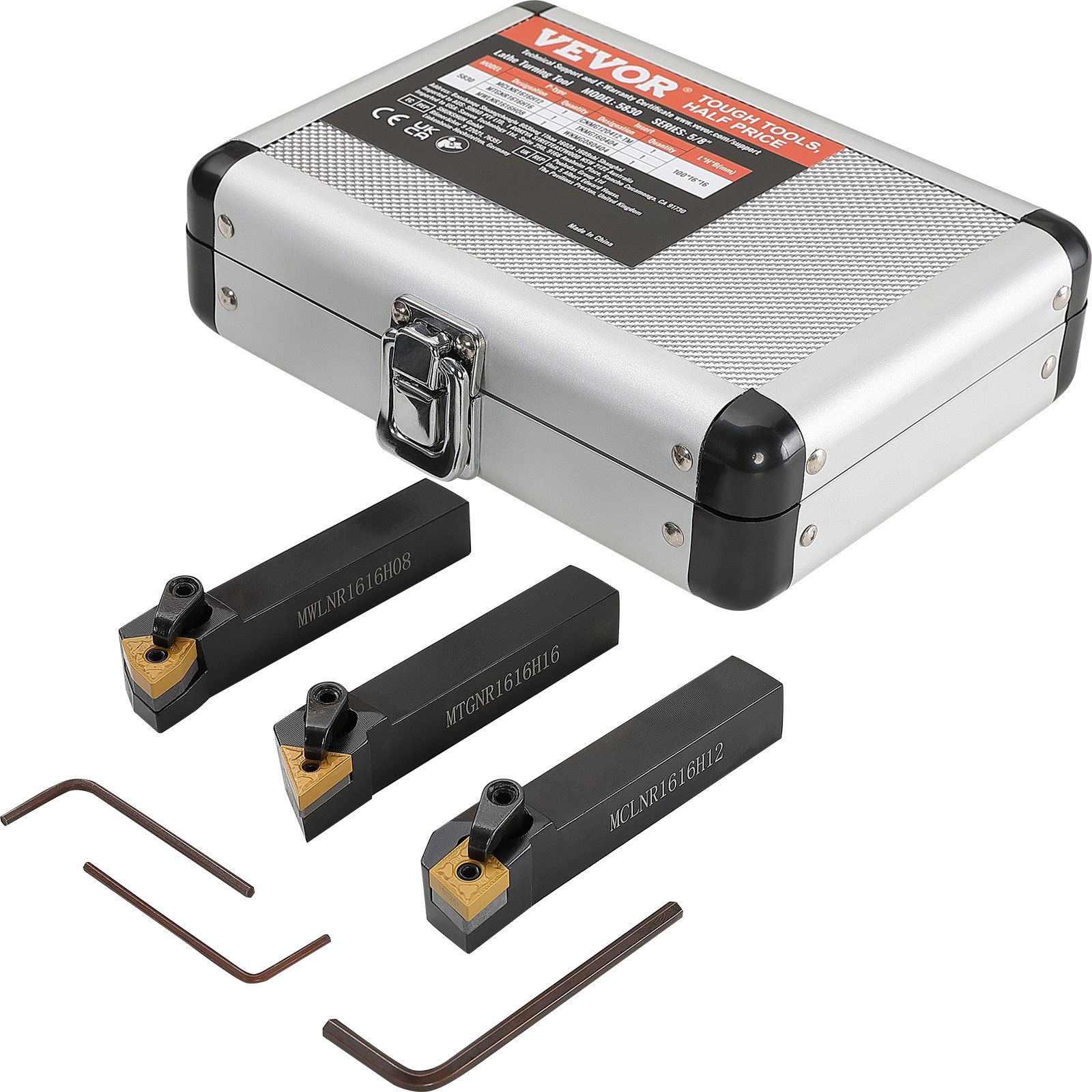 VEVOR lathe tool holder set with three cutting tools, two hex keys, and a metal carrying case.