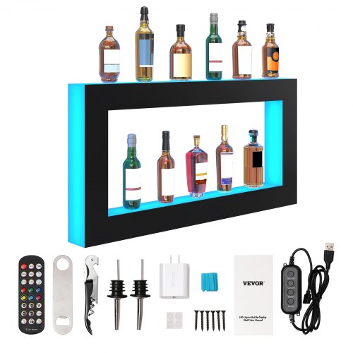 VEVOR LED Lighted Liquor Bottle Display, Square 48 Inch, Illuminated Home Bar Shelf with RF Remote & App Control 7 Static Colors 1-4 H Timing, Acrylic Wall-Mounted Drinks Lighting Shelf for 24 Bottl