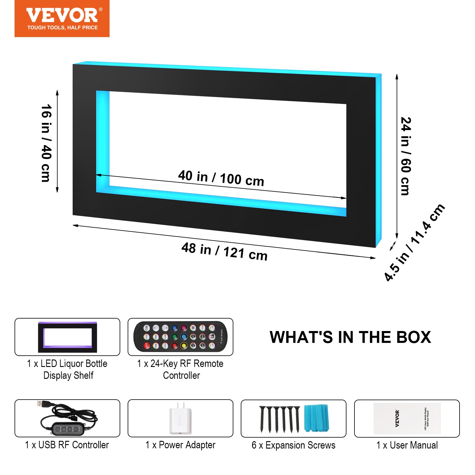 VEVOR LED Lighted Liquor Bottle Display, Square 48 Inch, Illuminated Home Bar Shelf with RF Remote & App Control 7 Static Colors 1-4 H Timing, Acrylic Wall-Mounted Drinks Lighting Shelf for 24 Bottle