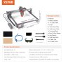 VEVOR laser engraver specifications and package contents, including manuals, safety glasses, and tools.