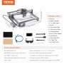 VEVOR laser engraver with accessories; includes safety glasses, usb cable, brush, trial plates, and tools.