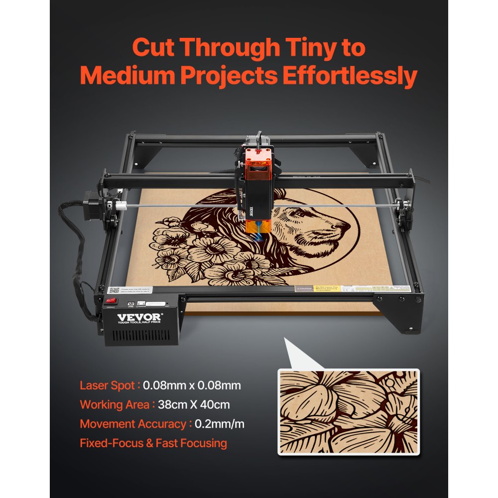 VEVOR Laser Engraver, 10W Output, Laser Engraving Cutter Machine, 14.9 x 15.7 in/38 x 40 cm Working Area, 10000 mm/min Movement Speed, Compressed Spot with Eye Protection, for Wood, Certain Metal