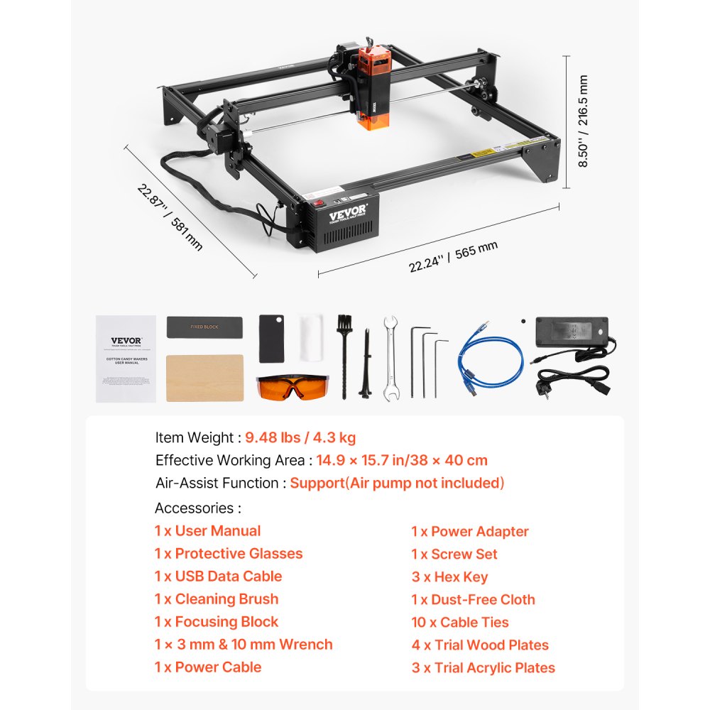VEVOR Laser Engraver, 10W Output, Laser Engraving Cutter Machine, 14.9 x 15.7 in/38 x 40 cm Working Area, 10000 mm/min Movement Speed, Compressed Spot with Eye Protection, for Wood, Certain Metal