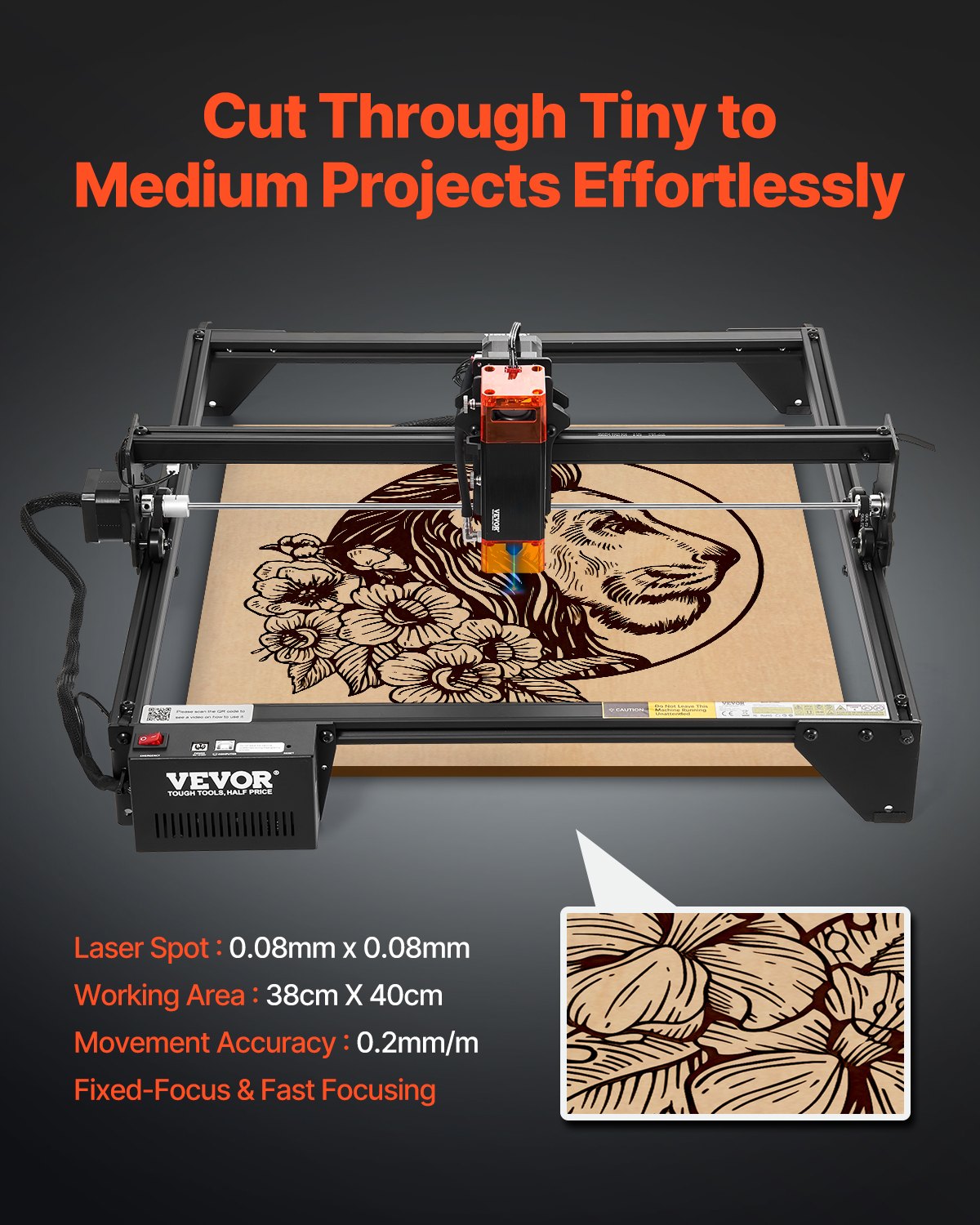 VEVOR Laser Engraver, 10W Output, Laser Engraving Cutter Machine, 14.9 x 15.7 in/38 x 40 cm Working Area, 10000 mm/min Movement Speed, Compressed Spot with Eye Protection, for Wood, Certain Metal