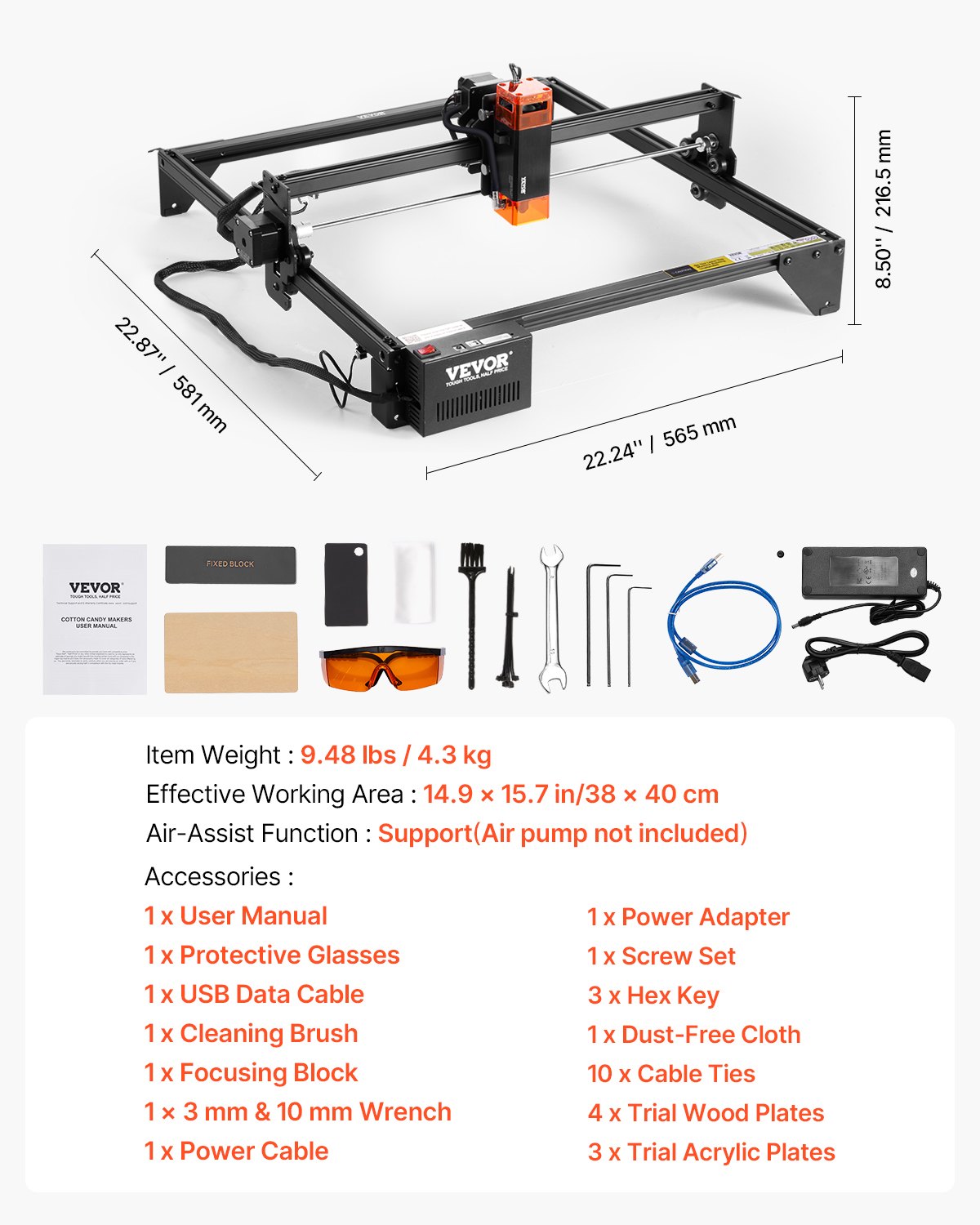 VEVOR Laser Engraver, 10W Output, Laser Engraving Cutter Machine, 14.9 x 15.7 in/38 x 40 cm Working Area, 10000 mm/min Movement Speed, Compressed Spot with Eye Protection, for Wood, Certain Metal