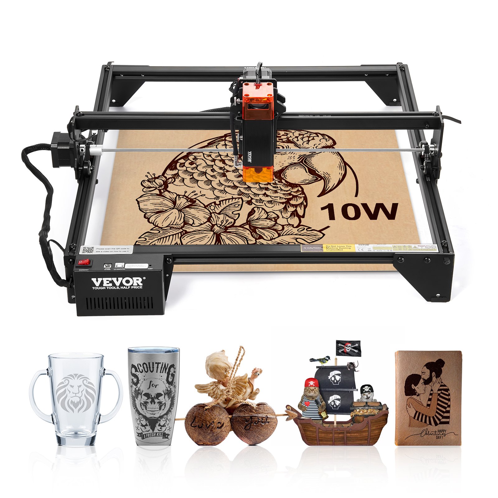 VEVOR Laser Engraver, 10W Output, Laser Engraving Cutter Machine, 14.9 x 15.7 in/38 x 40 cm Working Area, 10000 mm/min Movement Speed, Compressed Spot with Eye Protection, for Wood, Certain Metal