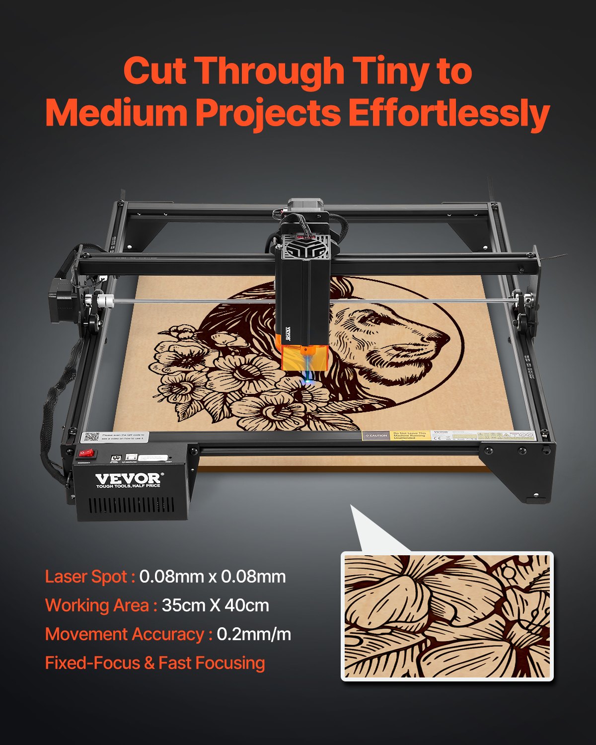 VEVOR Laser Engraver, 20W Output, Laser Engraving Cutter Machine, 13.7 x 15.7 in/35 x 40 cm Working Area, 10000 mm/min Movement Speed, Compressed Spot with Eye Protection, for Wood, Certain Metal