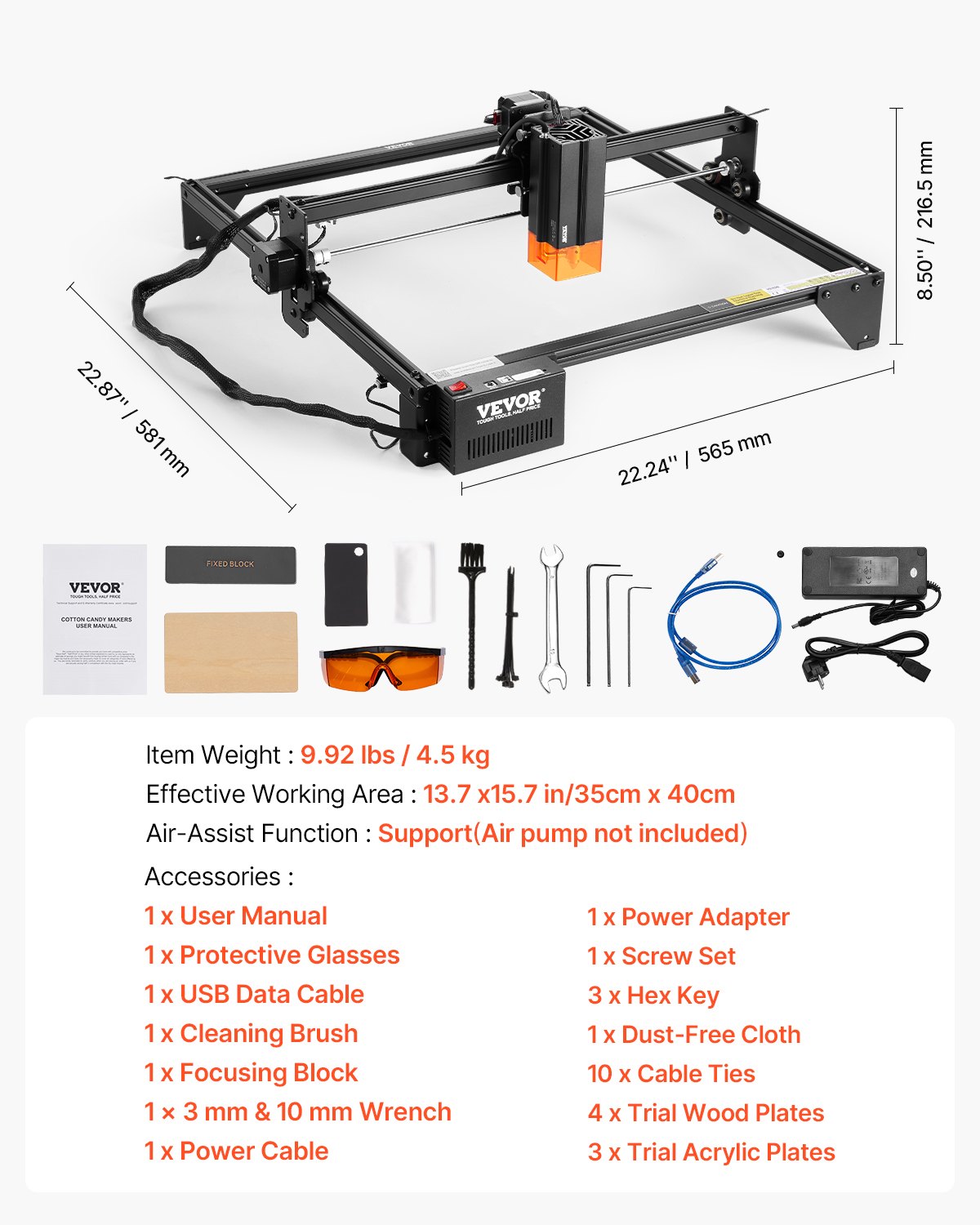 VEVOR Laser Engraver, 20W Output, Laser Engraving Cutter Machine, 13.7 x 15.7 in/35 x 40 cm Working Area, 10000 mm/min Movement Speed, Compressed Spot with Eye Protection, for Wood, Certain Metal