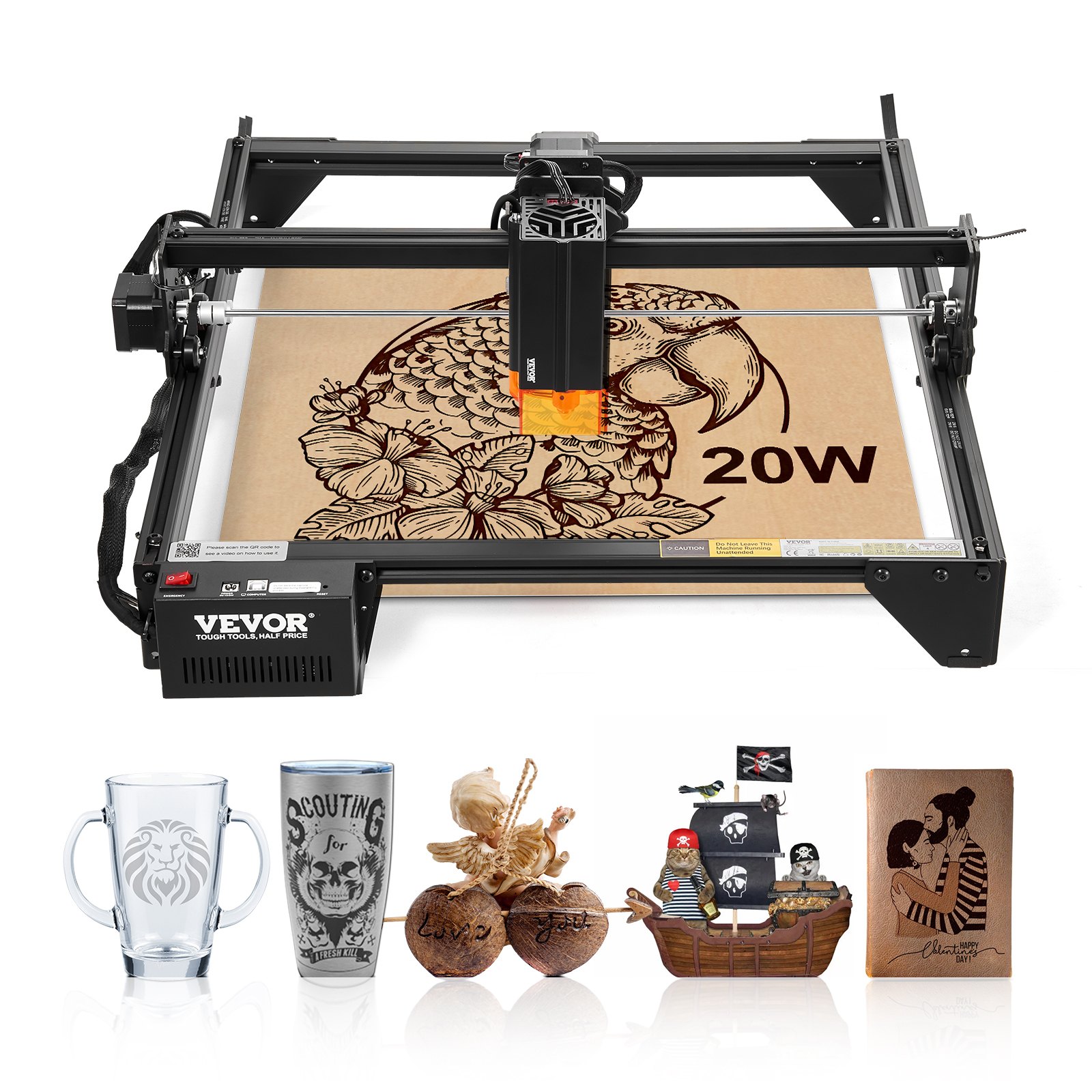 VEVOR Laser Engraver, 20W Output, Laser Engraving Cutter Machine, 13.7 x 15.7 in/35 x 40 cm Working Area, 10000 mm/min Movement Speed, Compressed Spot with Eye Protection, for Wood, Certain Metal