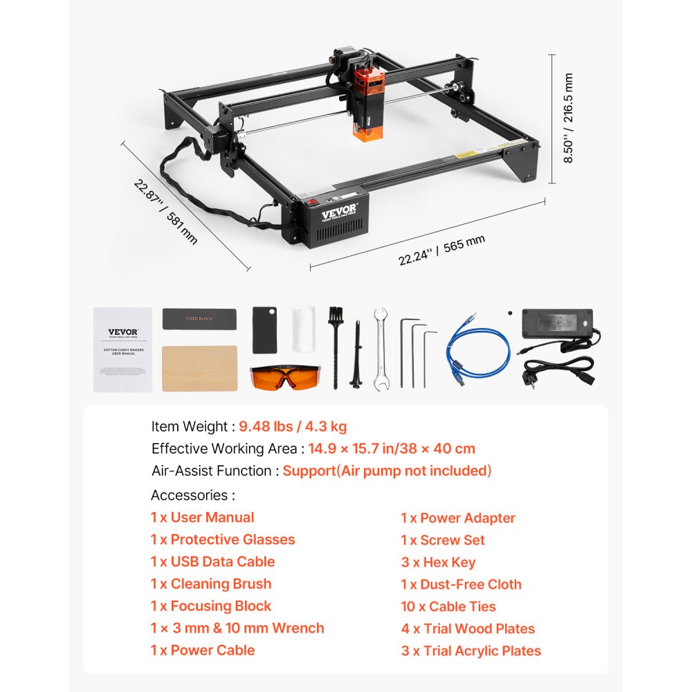 VEVOR Laser Engraver, 5W Output, Laser Engraving Cutter Machine, 14.9 x 15.7 in/38 x 40 cm Working Area, 10000 mm/min Movement Speed, Compressed Spot with Eye Protection, for Wood, Certain Metal
