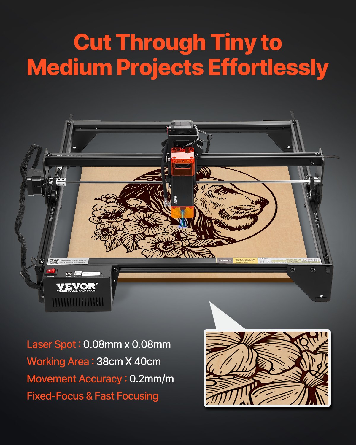 VEVOR Laser Engraver, 5W Output, Laser Engraving Cutter Machine, 14.9 x 15.7 in/38 x 40 cm Working Area, 10000 mm/min Movement Speed, Compressed Spot with Eye Protection, for Wood, Certain Metal